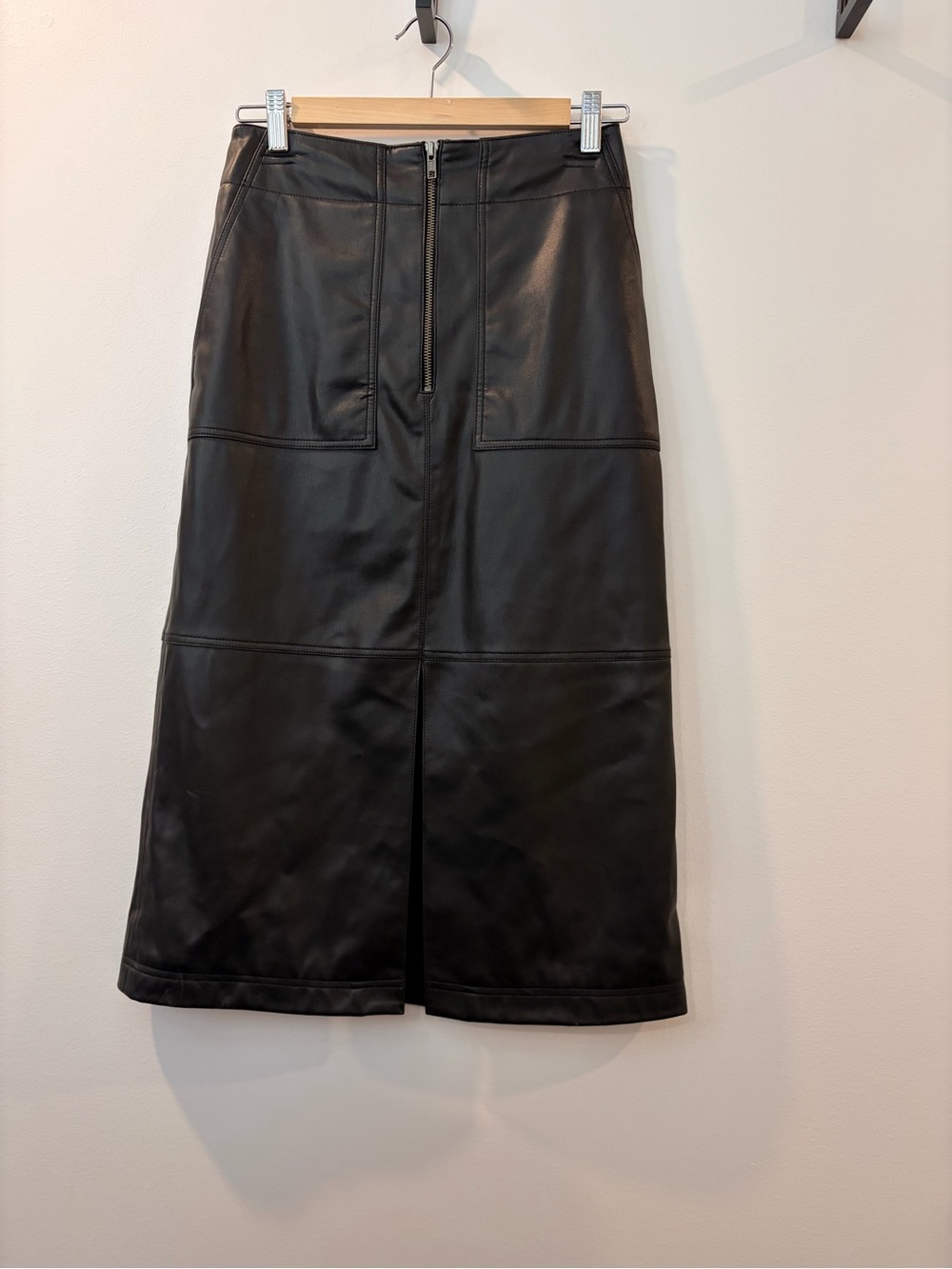 Treasure & Bond Black Faux Leather Midi Skirt with Front Zip